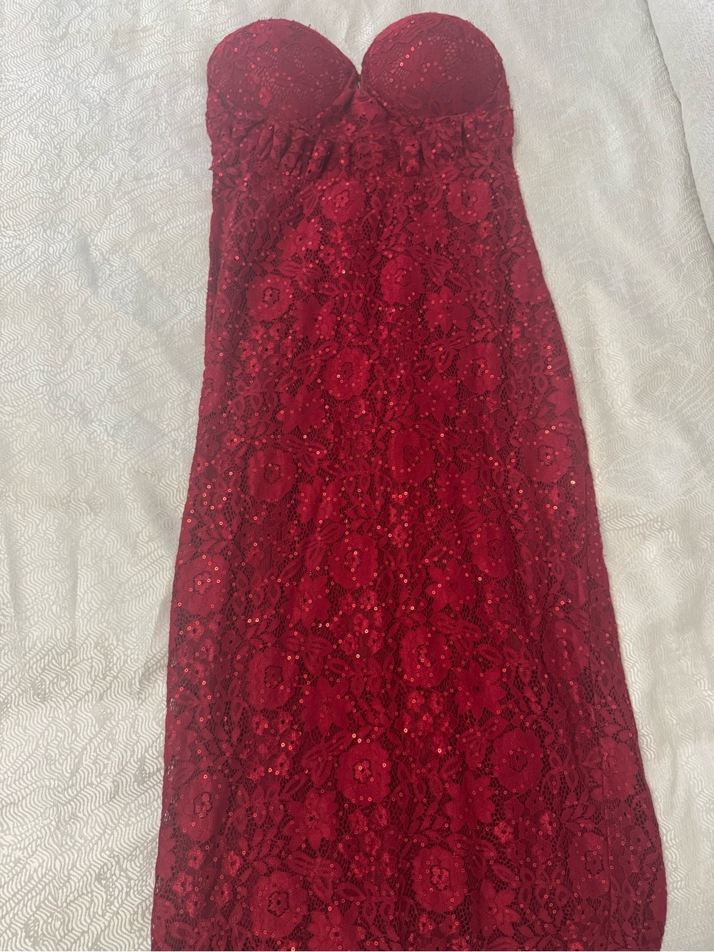 Strapless Lace Sequin Evening Gown in Deep Red